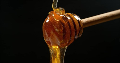Honey Flowing in a spoon against Black Background