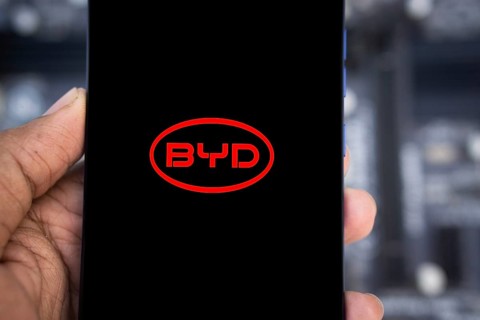 Mobile phone with business logo of Chinese car manufacturer BYD Co. Ltd