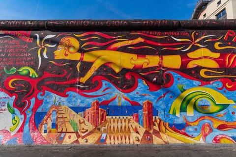 Art work at East Side Gallery in Berlin, Germany, Europe