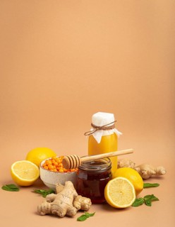 Composition with detox drink, sea buckthorn berries, lemons, mint, ginger, honey in glass jar. Food