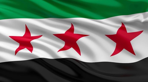 Syrian opposition flag waving in the wind. 3D illustration. Syrian Arab Republic Syria flag used by