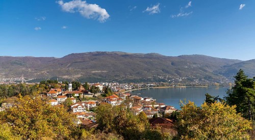 Ohrid, North Macedonia, 1 November, 2022: view of the old town of Ohrid and Lake Ohrid in late