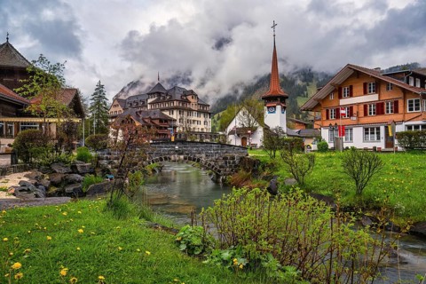 Kandersteg Switzerland, city skyline at Kander River and Evangelical church