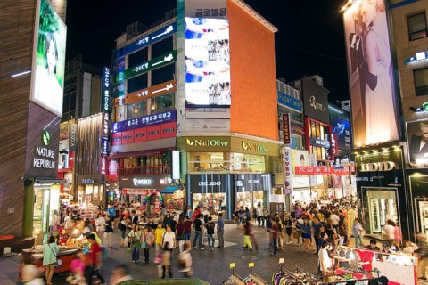 Myeongdong shopping street in seoul south korea at night