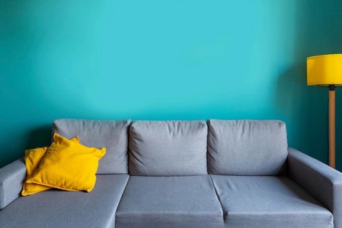 Luxury living room template with modern interior design, turquoise empty wall, gray sofa, yellow