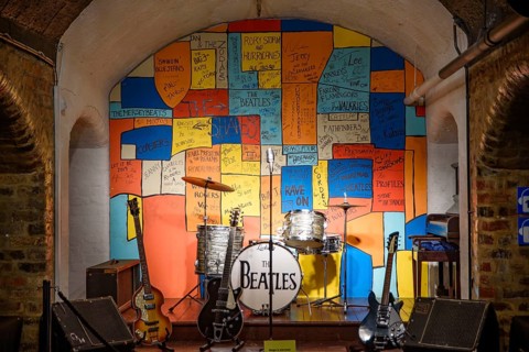 The exhibition of instruments at The Beatles Story, a museum in Liverpool, United Kingdom, Europe