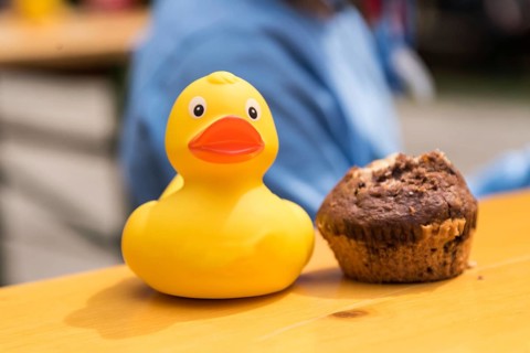 Children's toy yellow squeaky duck and sweet dessert muffin at the table - close-up