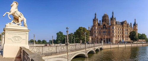 Panoramic photo Schwerin Castle with castle bridge and Schwerin Lake, Schwerin, Mecklenburg-Western