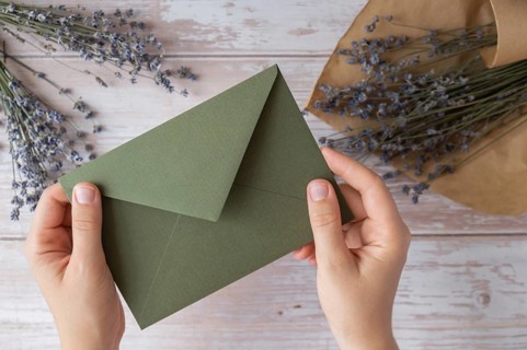 Flat lay composition of female hands holding green envelope with dry lavender flowers. Copy space
