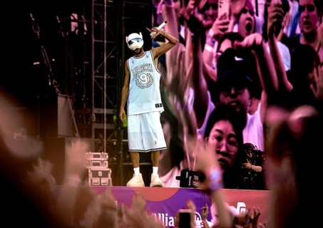 Rapper Cro takes to the stage at the 2024 Lollapalooza Festival in Berlin's Olympic Stadium