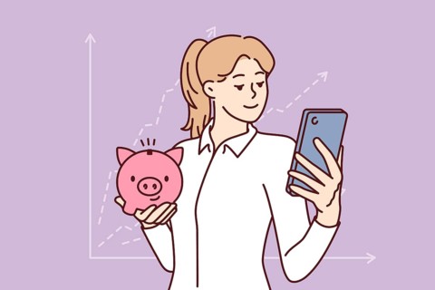 Woman accountant with piggy bank and phone is standing near financial chart calling to start