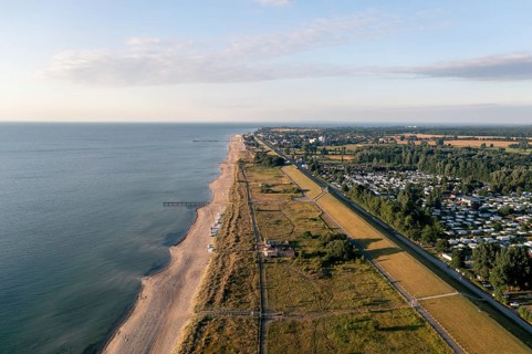 Dahme, Germany, July 31, 2021: Aerial drone view of Dahme Beach in Schleswig-Holstein, Europe