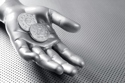 Futuristic euro business coin in silver hand aluminum background