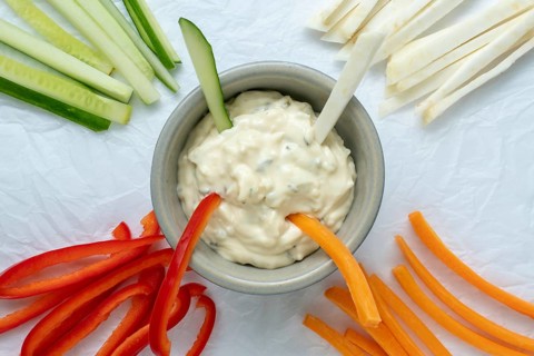 Healthy vegetables and dip snack. Vegetable sticks and dips in bowl