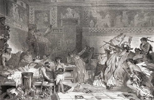 A banquet with entertainmant in ancient Rome