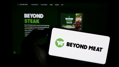 Stuttgart, Germany, 09-11-2023: Person holding mobile phone with logo of American meat substitute