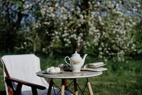 Outdoor table set with a teapot in a blossoming garden conveying a serene spring vibe