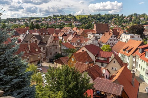 View of the red roofs of Schmalkalden, Thuringia from above with green trees in the foreground