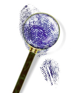 MAGNIFYING GLASS WITH FINGERPRINT, IMAGE SYMBOLIZING DETECTIVE