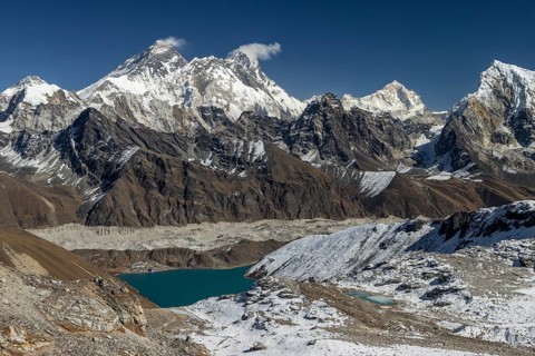 View from Renjo La, the mountain pass in Khumbu, the Everest Region, photographed on a clear, blue