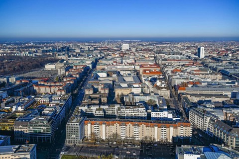 Aerial view, Charite Tower, Bettenhaus, Reichstag, Brandenburg Tor, Holocaust Memorial,