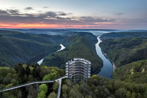 Aerial view of the Saarschleife in Mettlach with the treetop walk in spring, Germany, Europe