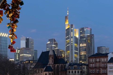 View of the skyline through the streets of a financial district. in the morning at sunrise with a