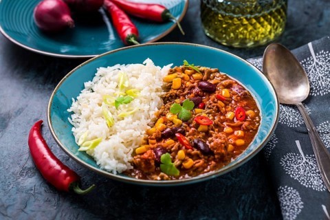 Hot Chilli con carne with rice served in bowl