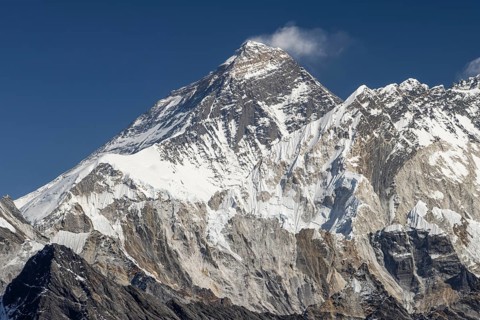 Mount Everest as seen from Renjo La, the mountain pass above Gokyo in Khumbu, the Everest Region.
