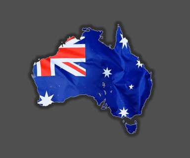Outline map of Australia designed with the national flag
