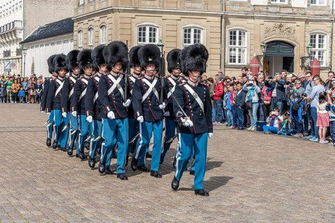 Copenhagen, Denmark, August 12, 2016: Soldiers of the Danish Royal Life Guards for the changing of