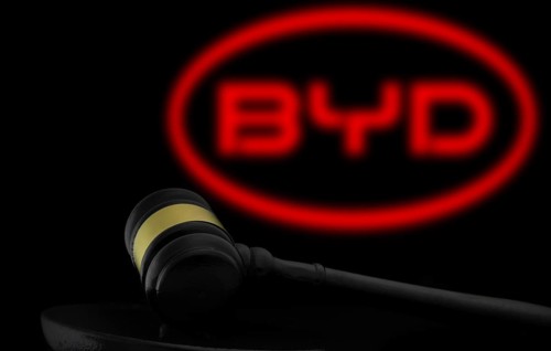 Court gavel in front of the BYD logo. BYD Auto Co Ltd is the main automotive subsidiary and brand