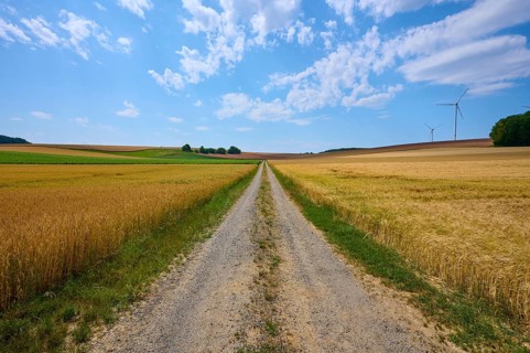 Rural country lane between cornfields with wind turbines and cloudy sky, summer, Retzstadt, Main