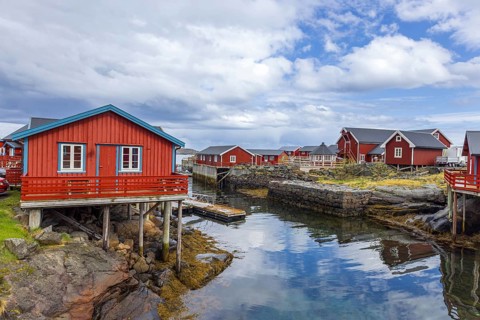 Scenic fishing village A in Lofoten Islands with authentic fishermen sheds and museum