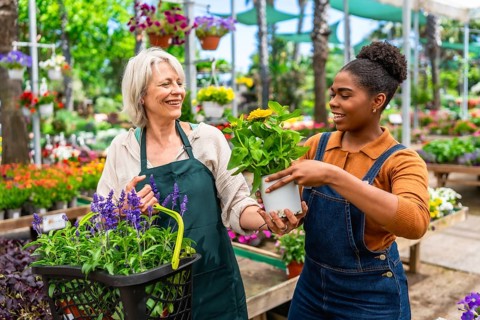 Two female florists or gardeners are smiling and holding plants and flowers in a greenhouse or