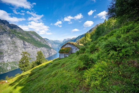Blomberg Gård, historic mountain farm with grass roof on a steep mountainside above the