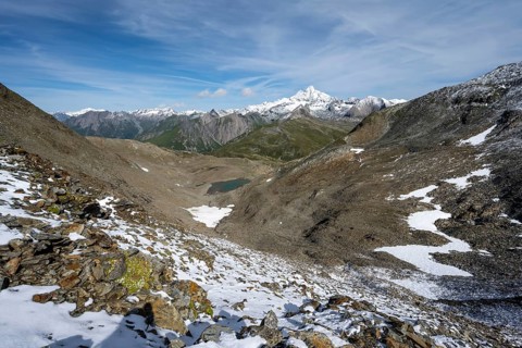 View at the Kesselkeessattel, mountain landscape with Kesselkeessee, snow-covered summit of the