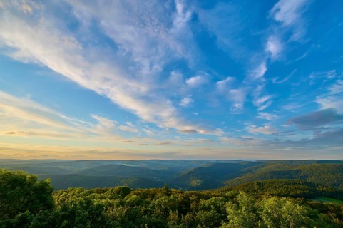 Expansive sky and green landscape during a sunset, Katzenbuckel, Waldbrunn, Neckar-Odenwald-Kreis,