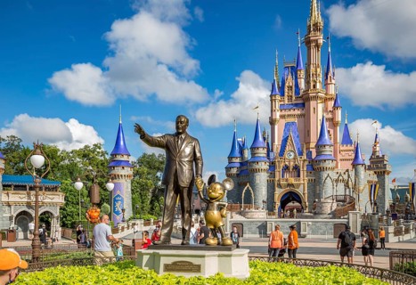 Partners statue in front of Cinderella's Castle at the end of Main Street in the Magic Kingdom at