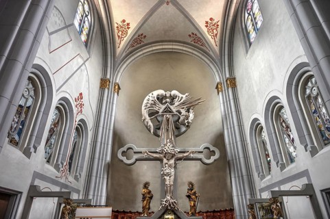 Altar room with the high altar crucifix, early 19th century, Parish Church of St Peter and Paul,
