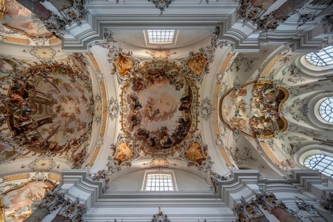 Vaults with ceiling frescoes in the baroque Basilica of St Alexander and Theodor, Ottobeuren