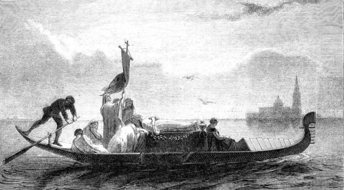 A funeral gondola from Venice travelling to the cemetery island of San Michele, 1860, Italy,