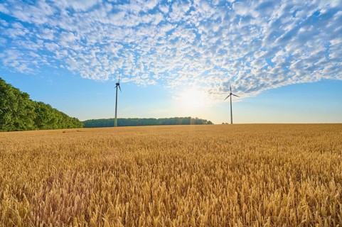 Two wind turbines in a wide field with blue sky and clouds, summer, Höhefeld, Wertheim,