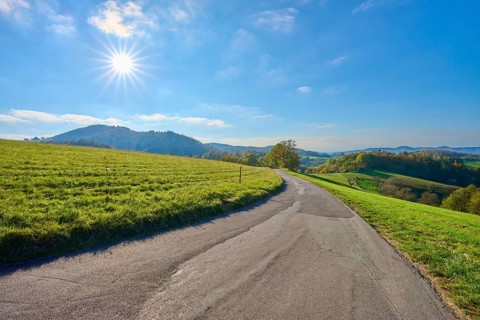 Winding road through sunny hilly landscape under a clear sky, Vöckelsbach, Mörlenbach, Bergstrasse