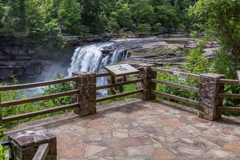 Sign at the observation deck provides informatino about the Little River Falls in Little River