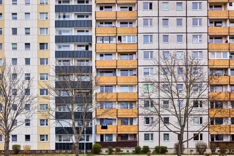 Residential building, high-rise buildings, facade, window, balcony, bare winter trees, diffuse