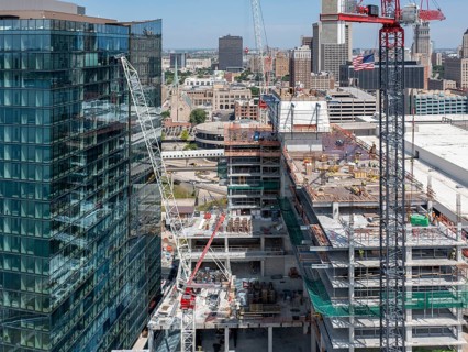 Detroit, Michigan - Construction of the 25-story JW Marriott Detroit Water Square hotel. The
