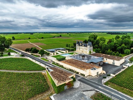 Chateau Pichon Longueville Baron Vineyard and grape fields around Pauillac from a drone, Bordeaux,