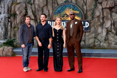 Director Gareth Edwards, Jonathan Bailey, Scarlett Johansson and Mahershala Ali at the German
