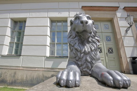 Head of lion figure with paws and entrance to historic lion building, front door, palace, modern